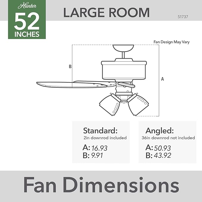 Hunter 52 inch Indoor Ceiling Fan with LED Lights - Black Ceiling Fan with Pull Chain, for Bedroom, Living Room, or Kitchen, Standard Mount, No Remote, 5 Blades - Swanson 51737, Matte Black