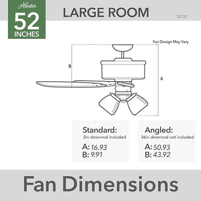 Hunter 52 inch Indoor Ceiling Fan with LED Lights - Black Ceiling Fan with Pull Chain, for Bedroom, Living Room, or Kitchen, Standard Mount, No Remote, 5 Blades - Swanson 51737, Matte Black