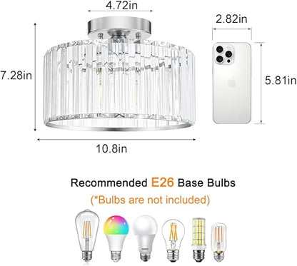 Crystal Ceiling Light Fixture, Chrome Close To Ceiling Light Fixtures, Modern Semi Flush Mount Ceiling Light, Hallway Lighting Fixture Chandelier for Bathroom Bedroom Porch Kitchen Living Room, 11in