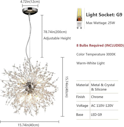 Dandelion Crystal Chandeliers, 8-Light Small Chrome Firework Pendant Lights, 15.7" Stainless Steel Sputnik Chandelier Light Fixture for Kitchen Island Bedroom