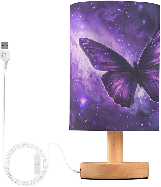 Bedside Table Lamp Butterfly Purple Galaxy Nightstand Lamp with Wood Desk Lamps for Bedroom Living Room Nursery Office Home Decor