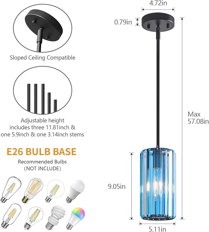 Modern Crystal Pendant Light Mini Light Blue Chandeliers Adjustable Pendant Lights Fixture for Kitchen Island Dinning Room Corridor Bedroom(Light Blue 1-Pack)