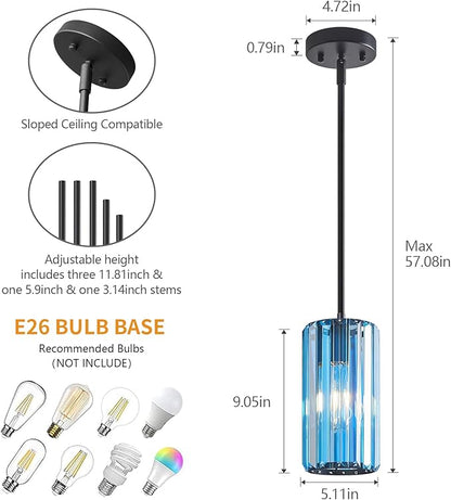 Modern Crystal Pendant Light Mini Light Blue Chandeliers Adjustable Pendant Lights Fixture for Kitchen Island Dinning Room Corridor Bedroom(Light Blue 1-Pack)