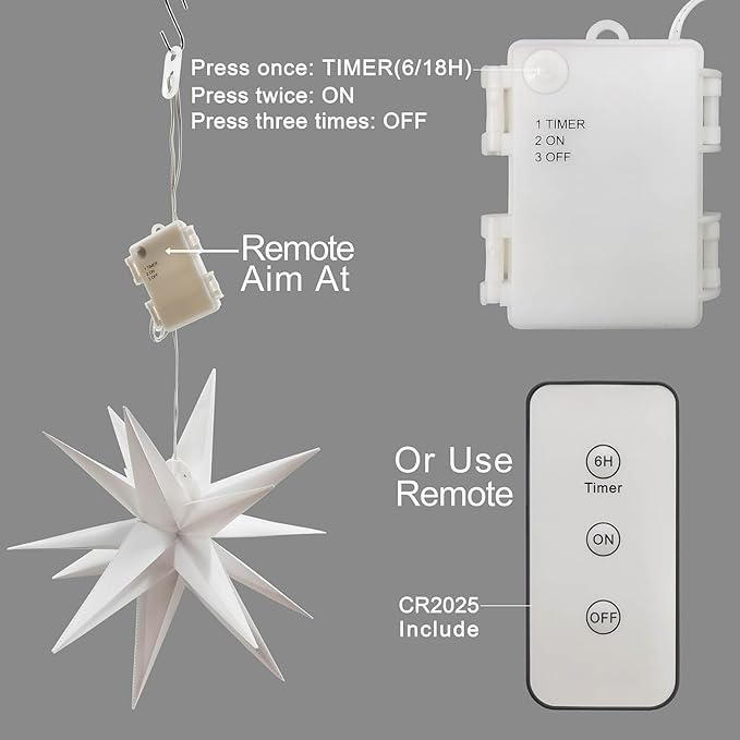 Leejec 13.3" Moravian Star Outdoor Light with Remote Control, Christmas Decorations, Indoor Hanging, Warm White LED Light, Battery Operated with Timer Function, 3-Pack, Tree, Ceiling, Balcony Decor