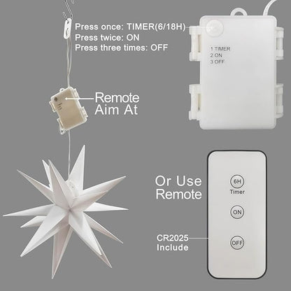 Leejec 13.3" Moravian Star Outdoor Light with Remote Control, Christmas Decorations, Indoor Hanging, Warm White LED Light, Battery Operated with Timer Function, 3-Pack, Tree, Ceiling, Balcony Decor