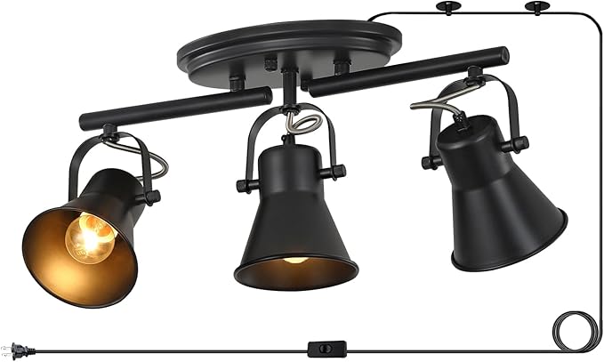 3-Lights Plug in Track Lighting with 14.8ft ON/Off Cord, Adjustable Plug in Ceiling Light,Black Track Lighting for Kitchen Dining Room Bathroom Over Sink Laundry Room