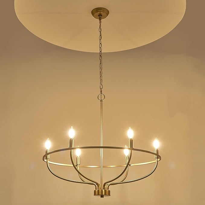 Gold Chandelier, 6 Light Gold Chandelier Light Fixture for Dining Room Chandelier Candle Lighting for Entryway Kitchen Bedroom Living Room 29in Mid Century Chandeliers