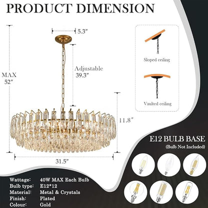 31.5" Modern Crystal Chandelier Gold 3-Tier Luxury Pendant Light Gold Plated Ceiling Pendant Lighting for Dinning Room Living Room Foyer