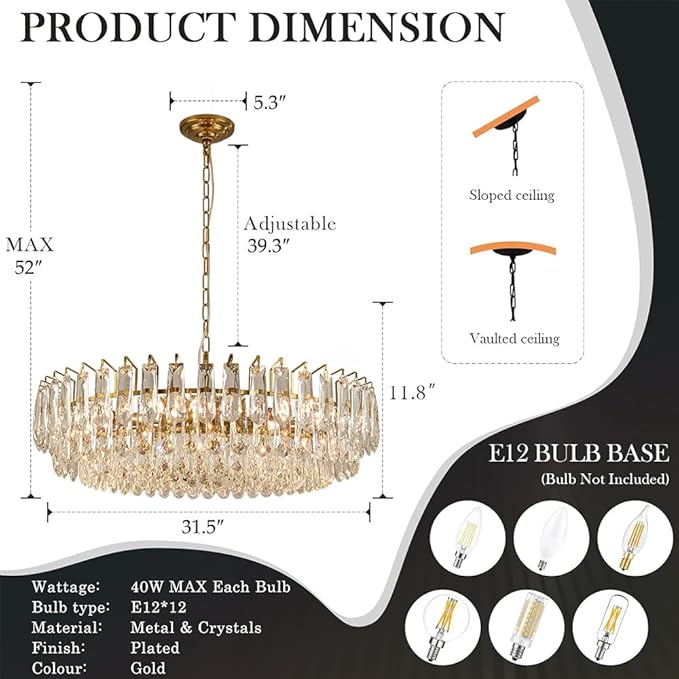 31.5" Gold Crystal Chandeliers Fully Transparent Crystal Modern3-Tier Luxury Crystal Pendant Light Ceiling Pendant Lighting for Dinning Room Living Room Foyer