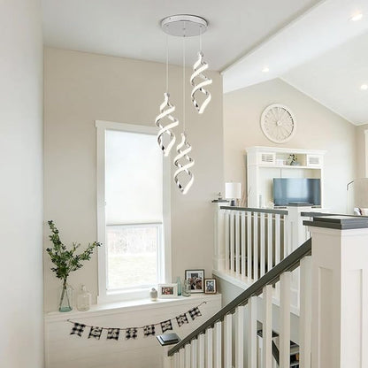 Modern Led Pendant Light Fixture, 45W Chrome Spiral Led Chandelier Hanging Lamp, 4500K Daylight White Pendant Lamp, Adjustable Height Pendant Light for Dining Room Bedroom Kitchen Island (3 Light)