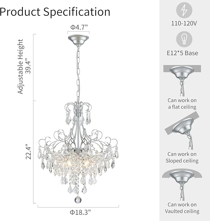 WUZUPS Crystal Chandelier 5-Light Pendant Ceiling Light Modern Lighting Fixture for Dining Room Hallway Bedroom Kitchen Bathroom, H 22.4" x W 18.3", E12 Base, Silver