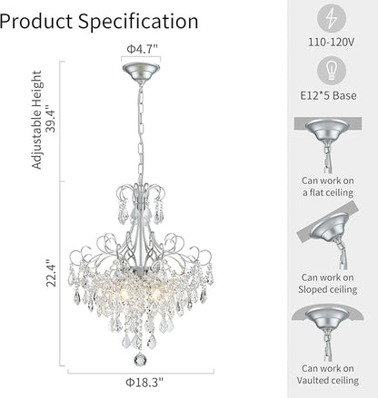 WUZUPS Crystal Chandelier 5-Light Pendant Ceiling Light Modern Lighting Fixture for Dining Room Hallway Bedroom Kitchen Bathroom, H 22.4" x W 18.3", E12 Base, Silver