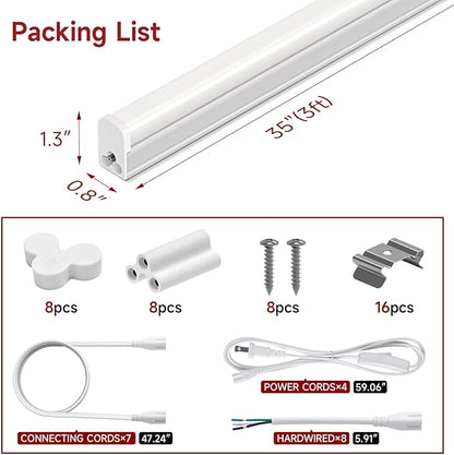 8 Pack T5 LED Shop Light, 3FT, 15W, 5000K 1800LM, Linkable Utility Fixture for Under Cabinet, Kitchen, Garage, Basement, Workshop Lighting, Easy Installation, Plug & Play
