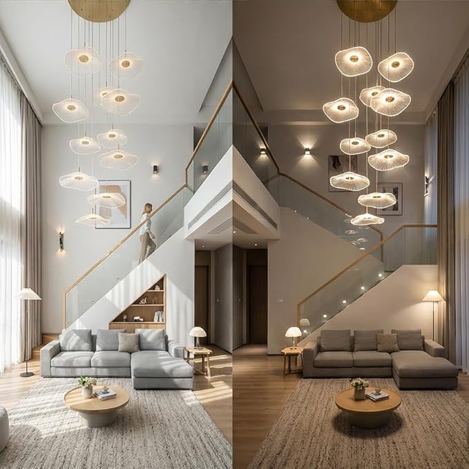 ziidoo High Ceiling Chandelier - 18-Light Dimmable Modern Gold Long Spiral Luxury Linear Lotus Leaf Led Lamp Hanging Pendant Lights for Foyer Enterway Staircase Villas