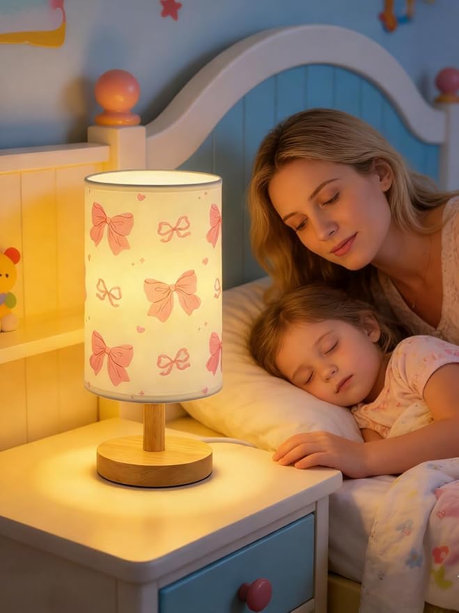 Pink Bow Table Lamp, Girls for Bedroom Bedside Lamp, 3-Way Dimmable Nightstand Night Light with Linen Fabric Shade Solid Wood Base for Kids Room Home Office or Living Decor, Birthday Gifts for Girls