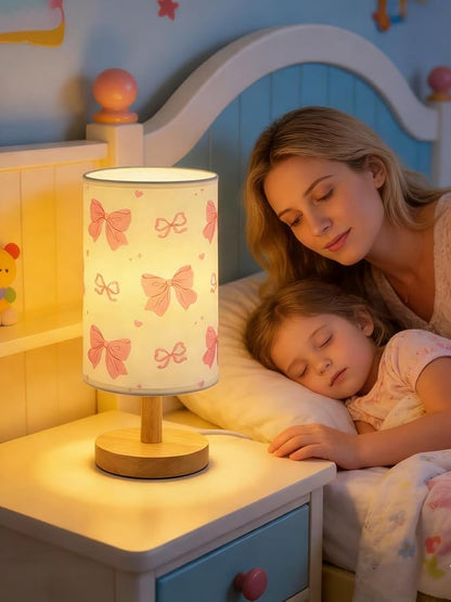 Pink Bow Table Lamp, Girls for Bedroom Bedside Lamp, 3-Way Dimmable Nightstand Night Light with Linen Fabric Shade Solid Wood Base for Kids Room Home Office or Living Decor, Birthday Gifts for Girls