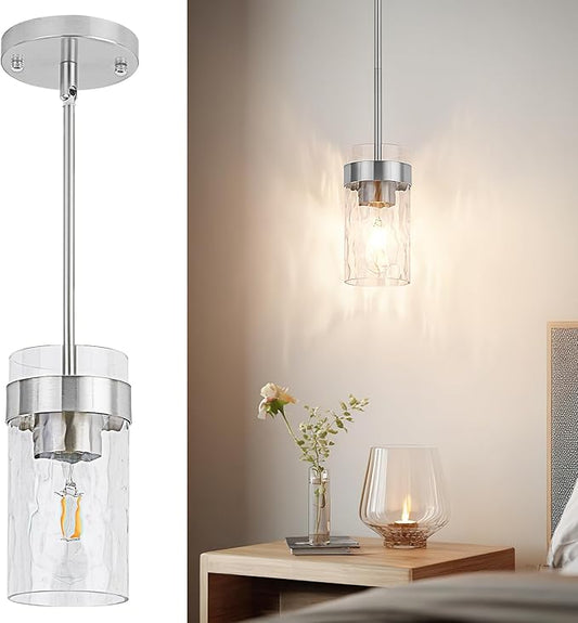 Water Ripple Glass Pendant Lights Kitchen Island Brushed Nickel Pendant Light Fixtures Adjustable Modern Mini Hanging Light for Sink Dining Room Foyer Entryway Bar, 1 Pack