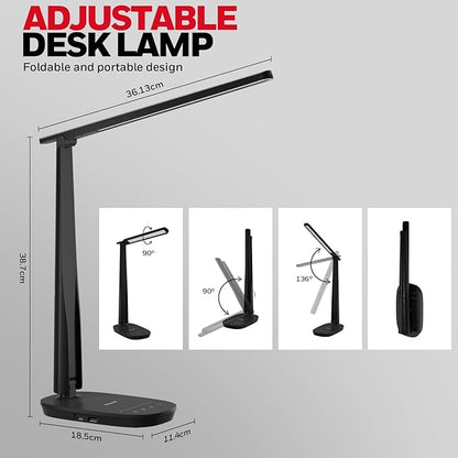 Honeywell HWT-H2 LED Desk Lamp, CRI94 Full Spectrum Eye-Caring Table Light, Foldable Dimmable 4 Color Modes with USB A+C Charging Ports for Home Office Bedroom Reading Study Work (Black)