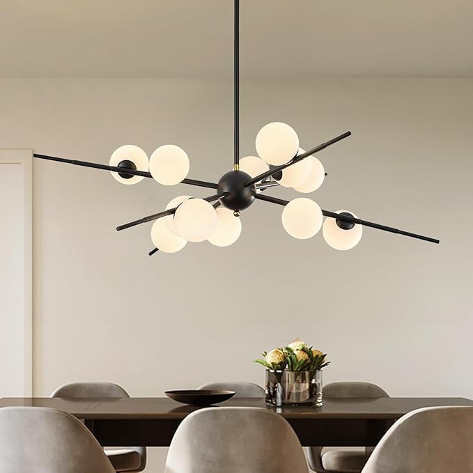 Large Black Sputnik Chandelier 39in 12-Light Frosted Glass Chandelier Light Fixture Mid-Century Modern Molecular Chandeliers for Living Room Dining Room Foyer Kitchen Bedroom