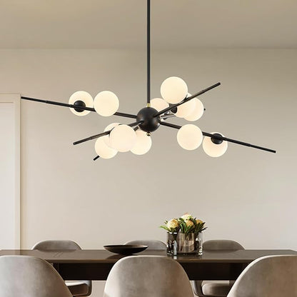 Large Black Sputnik Chandelier 39in 12-Light Frosted Glass Chandelier Light Fixture Mid-Century Modern Molecular Chandeliers for Living Room Dining Room Foyer Kitchen Bedroom