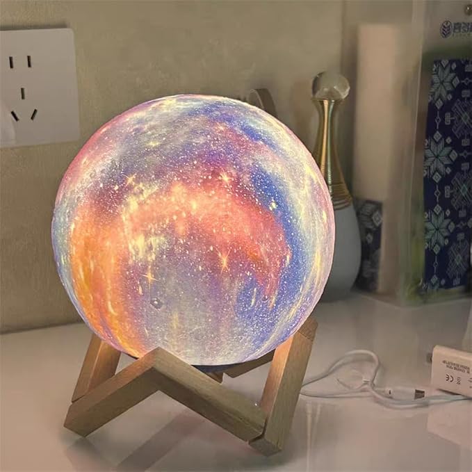 Moon Lamp Kids Night Light, Galaxy Lamp 16 Colors 3D Star Moon Light with Wood Stand, Remote & Touch Control USB Rechargeable Gift for Girls Lover Birthday (7.3 inch)