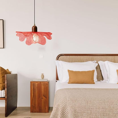 Modern Flower Pendant Light Fixture 13" Glass Hanging Light Wooden Chandelier Red Adjustable Pendant Lighting for Bedroom Dining Room Entryway