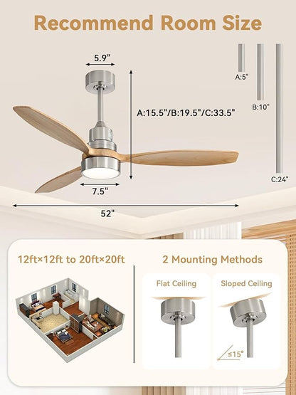 Sofucor Ceiling Fan with Lights, 52 Inch Low Profile Flush Mount Mordern Wood Ceiling Fan with Remote for Indoor Farmhouse Bedroom Living Room Outdoor Patio Porch, Reversible DC Motor, Noiseless