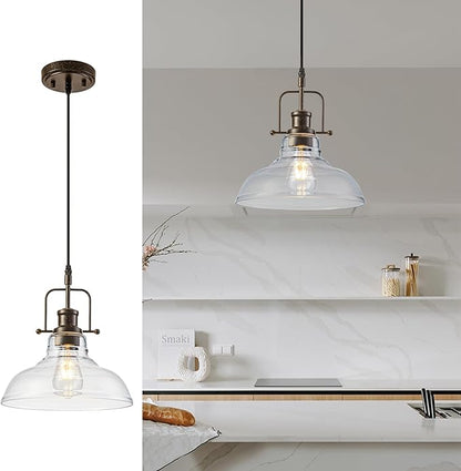 WILON Pendant Lights Kitchen Island Lighting, 11" Rust-Coloured Farmhouse Hanging Light Fixture, Kitchen Pendant Lighting Over Island Clear Glass Shade for Dining Hallway Entryway Bar