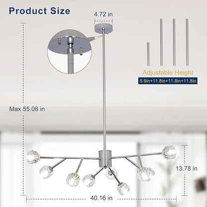 Depuley Modern Chrome Sputnik Chandelier: 9-Light Crystal Glass Chandelier for Dining Room - Kitchen Table Light Fixture Mid Century Hanging Lamp Height Adjustable for Foyer (Included G9 Bulbs)