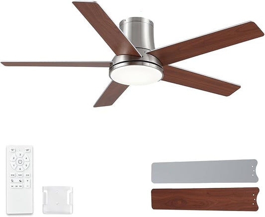 52 Inch Ceiling Fans with Lights and Remote,Nickel Flush Mount Ceiling Fan,Quiet 6 Speed Reversible DC Motor,3CCT Dimmable LED,3 Timers-Low Profile Design for Bedroom Kids Room Living Room