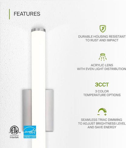 ASD 24" LED Linear Vanity Light Fixture, Modern Bathroom Sconce — 3 Color 3000K-5000K, Dimmable, 25W 1750LM, Energy Star & ETL Listed — Over Mirror Makeup Slim Bar for Bedroom, Cabinets — Nickel