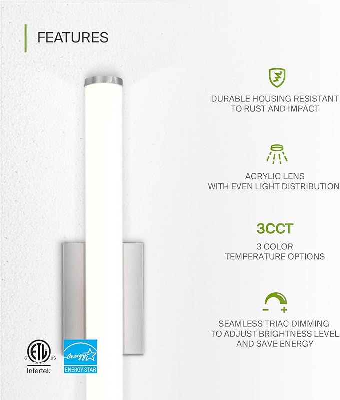 ASD 24" LED Linear Vanity Light Fixture, Modern Bathroom Sconce — 3 Color 3000K-5000K, Dimmable, 25W 1750LM, Energy Star & ETL Listed — Over Mirror Makeup Bar for Bedroom, Cabinets — Nickel, 2 Pack