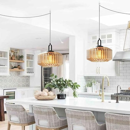 Plug in Pendant Lights - Amber Glass Stripe Lamp Shade, Large Globe Hanging Lamp Mid Century Hanging Lamp with 14.7 ft Plug in Cord Swag Style, Plug in Light Fixture for Living Room