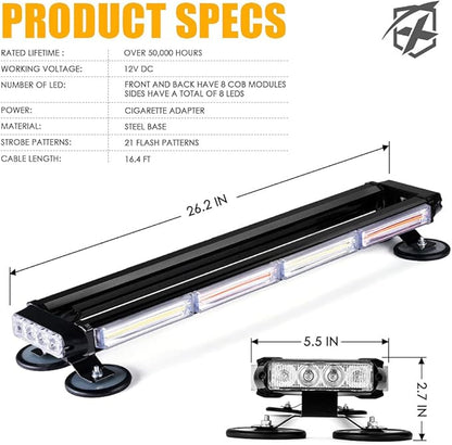 Xprite 26" COB LED Strobe Rooftop Flashing Light Bar, Double Side Hazard Warning Beacon Safety Lights w/Magnetic for Emergency Vehicles Firefighter Cars Trucks Traffic Security White & Red