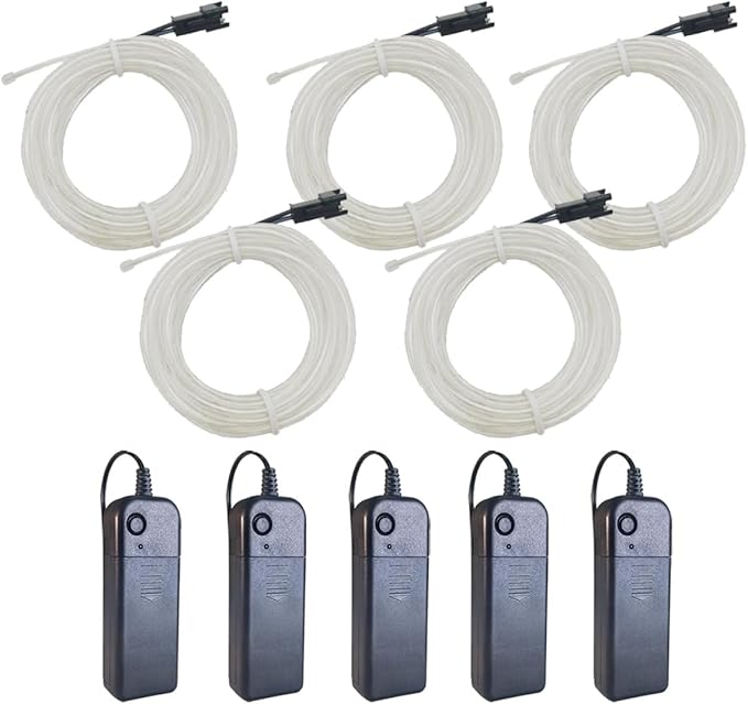 MaxLax EL Wire Ice Blue 5-Pack, 9ft/2.75m Neon Light Wire with Noise Reduction and Battery Pack…