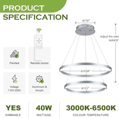 Benkut 2-Rings Modern LED Chandelier Silver for Dining Room, Circular Flush Mount Ceiling Chandelier Light Dimmable Pendant Light with Remote Control for Living Room Entrance Foyer, 3000K-6500K