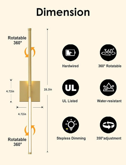 KARTOOSH 27.8 Inch Hardwired Wall Sconces Set of Two, 3000K Warm White Dimmable Modern Wall Sconces, 350° Rotate LED Light Fixtures Wall Lamp for Bathroom Living Room Bedroom Bedside, Gold