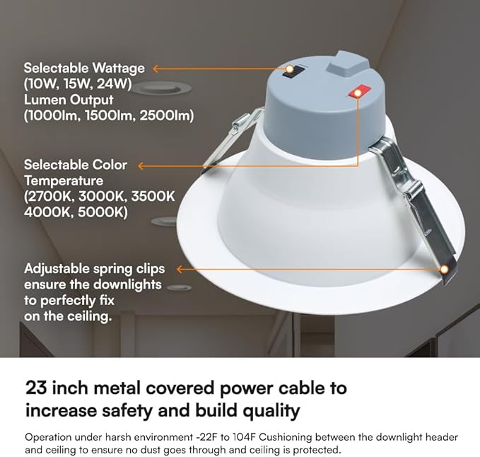 Euri Lighting DLC8C-24W203swej, 8” Commercial Downlight 120-277v, CCT (27/3/35/4/5) & Watt (10/15/24) Tunable, 0-10V DIM, 90+ CRI, Wet Rated IC-Rated, UL, T24, JA8, Energy Star, 3YR, 50K HR WTY