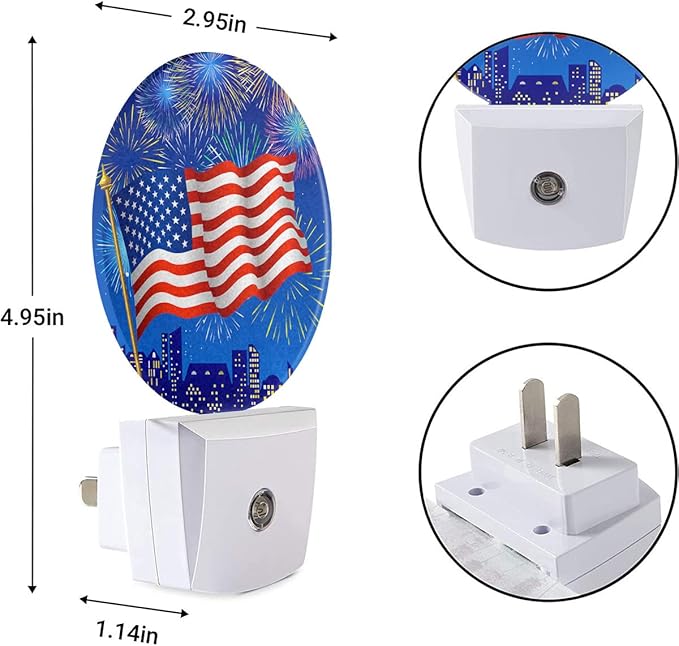 EKOBLA 4th of July Plug-in Night Light, Patriotic American Flag & Fireworks LED Nightlight for Independence Day Decor