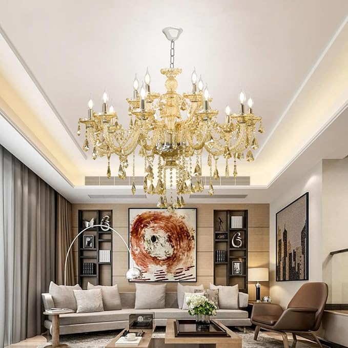 Luxury K9 Crystal Chandelier 15 Light, Modern Cognac Crystal Ceiling Chandelier Lighting Fixture Candle Style E12 Base for Dinning Living Room Bedroom Hallway (15 Lights)
