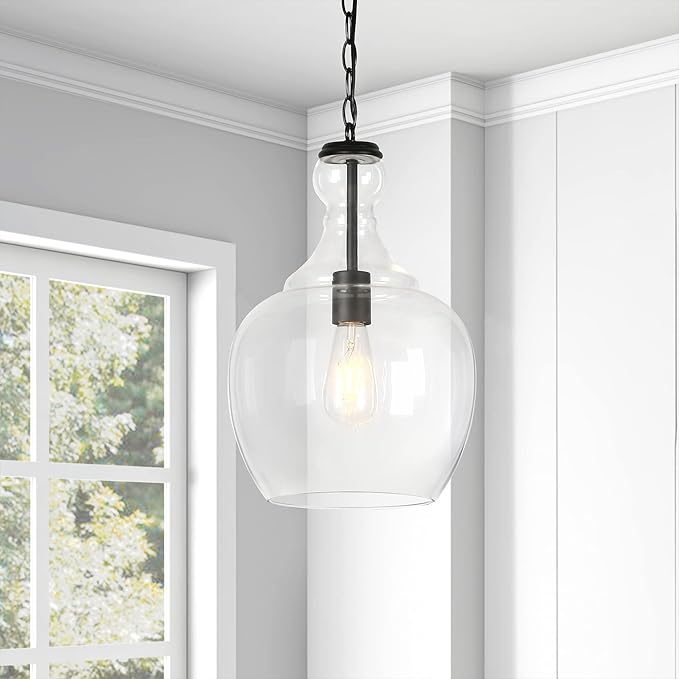 Henn&Hart 11" Mid-Century Modern Pendant Light Fixture with Clear Glass Dome Shade and 6' Adjustable Cord for Kitchen Island, Dining Room or Game Room, Blackened Bronze