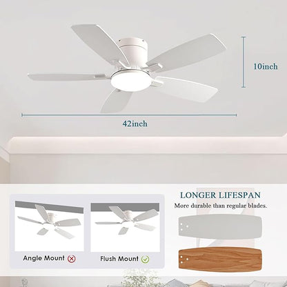 Ayaoty Ceiling Fans with Lights, 42 inch Low Profile Ceiling Fan with Light and Remote Control, Flush Mount, Reversible Motor, Dimmable, Noiseless, White Ceiling Fan for Bedroom, Indoor/Outdoor Use