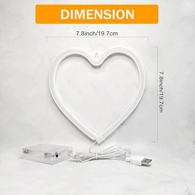 Neon Heart Lights - Pink LED Heart Lamp, Decorations for Home, Hanging Gifts, USB/Battery Operated for Bedroom, Living Room