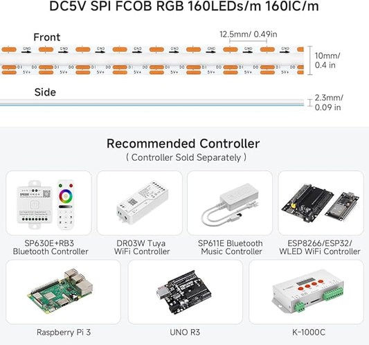 BTF-LIGHTING FCOB COB WS2812B IC RGB LED Strip DC5V 3.2FT Individual Addressable 160LED/m 160LEDs 160IC Dream Color IP30 Non-Waterproof High Density Light 0.39in Width(No Adapter or Controller)