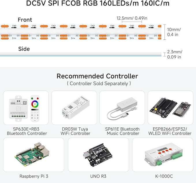 BTF-LIGHTING FCOB COB WS2812B IC RGB LED Strip DC5V 13.1FT Individual Addressable 160Pixel/m 640LEDs 640IC Dream Color IP30 Non-Waterproof High Density Light 0.39in Width(No Adapter or Controller)