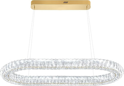 Crystal Ring Chandelierfor Living Room, 40'' Gold Ring Pendant Light for Kitchen Island Modern Dimmable Linear Oval Chandeliers for Dining Room
