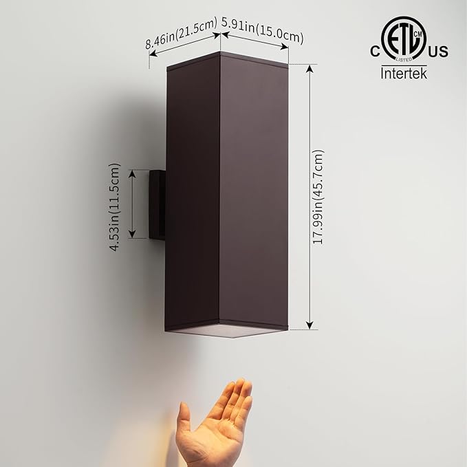 mirrea 18" Modern Outdoor Porch Light Patio Light in 2 Lights with Aluminum Rectangular Tube and Tempered Glass Cover Waterproof Wall Sconce 2 Pack (Oil Rubbed Bronze)