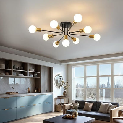 9-Lights Semi Flush Mount Ceiling Light Fixture Black and Gold,Modern Sputnik Semi Flush Mount Chandelier for Office Kitchen Bedroom Dining Room Living Room