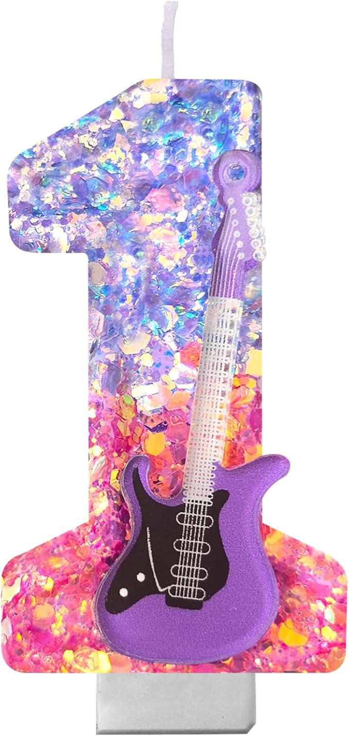 K-Pop Birthday Candle – Purple & Pink Glitter Music Theme Cake Candle with Guitar, Musical Party Decor for Girls, Teens, Kpop Fans (1)
