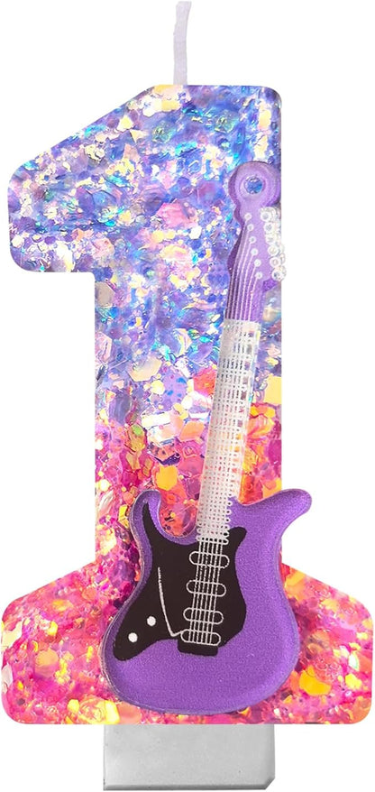 K-Pop Birthday Candle – Purple & Pink Glitter Music Theme Cake Candle with Guitar, Musical Party Decor for Girls, Teens, Kpop Fans (1)